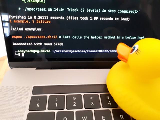 pato de borracha olhando para tela de computador 